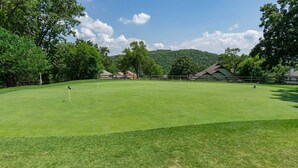 Ein Golfplatz mit einer Fahne, Bäumen und Gebäuden im Hintergrund.