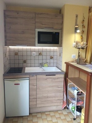 Eine kleine Küche mit Mikrowelle, Spüle und kleinem Kühlschrank.