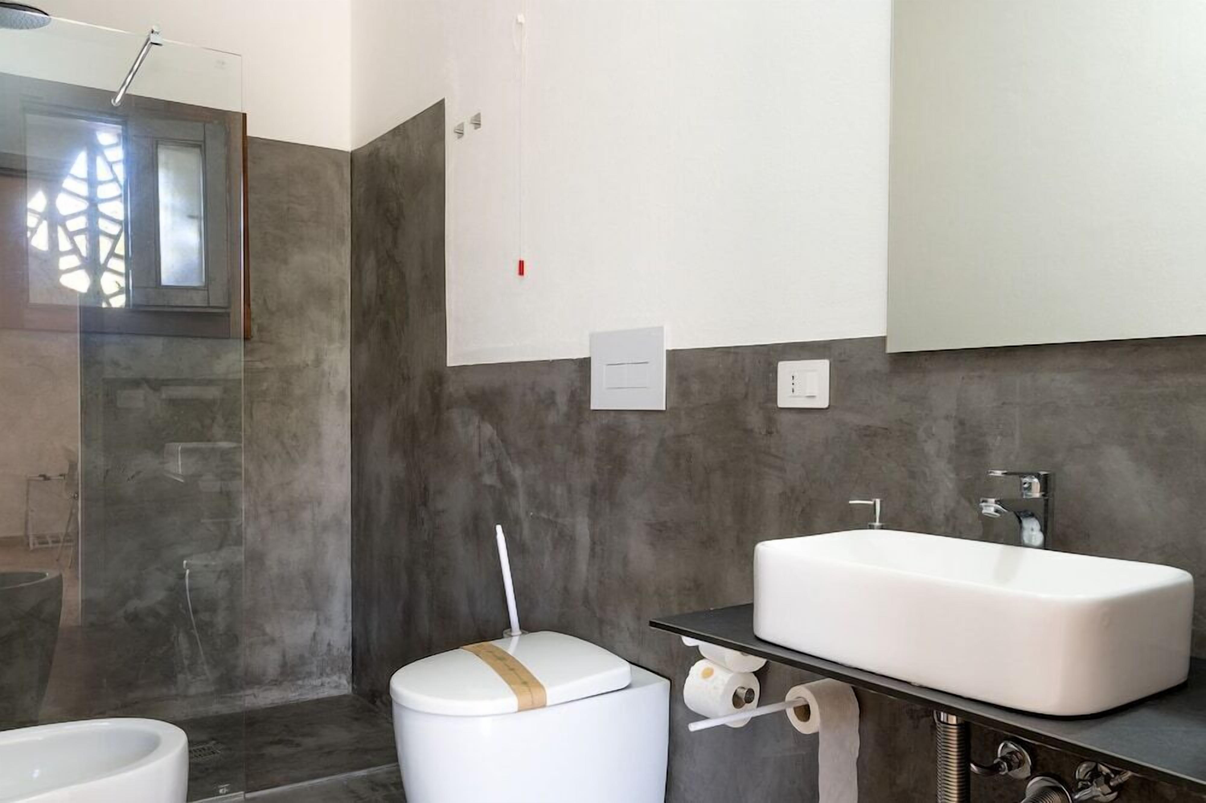 A modern bathroom with a large white sink, a toilet, and a shower area.
