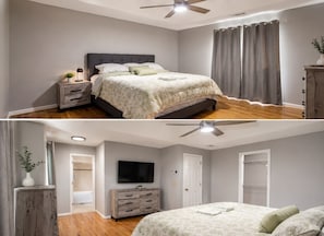 A bedroom with a bed, a nightstand, a dresser, a ceiling fan, and a TV. -     Quiet & Comfortable • Close to Atlanta Attractions (Marietta)