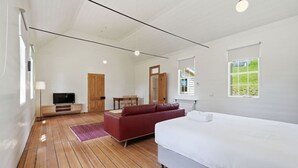 Une chambre moderne avec un grand lit, un canapé rouge, une télévision et un plancher en bois.