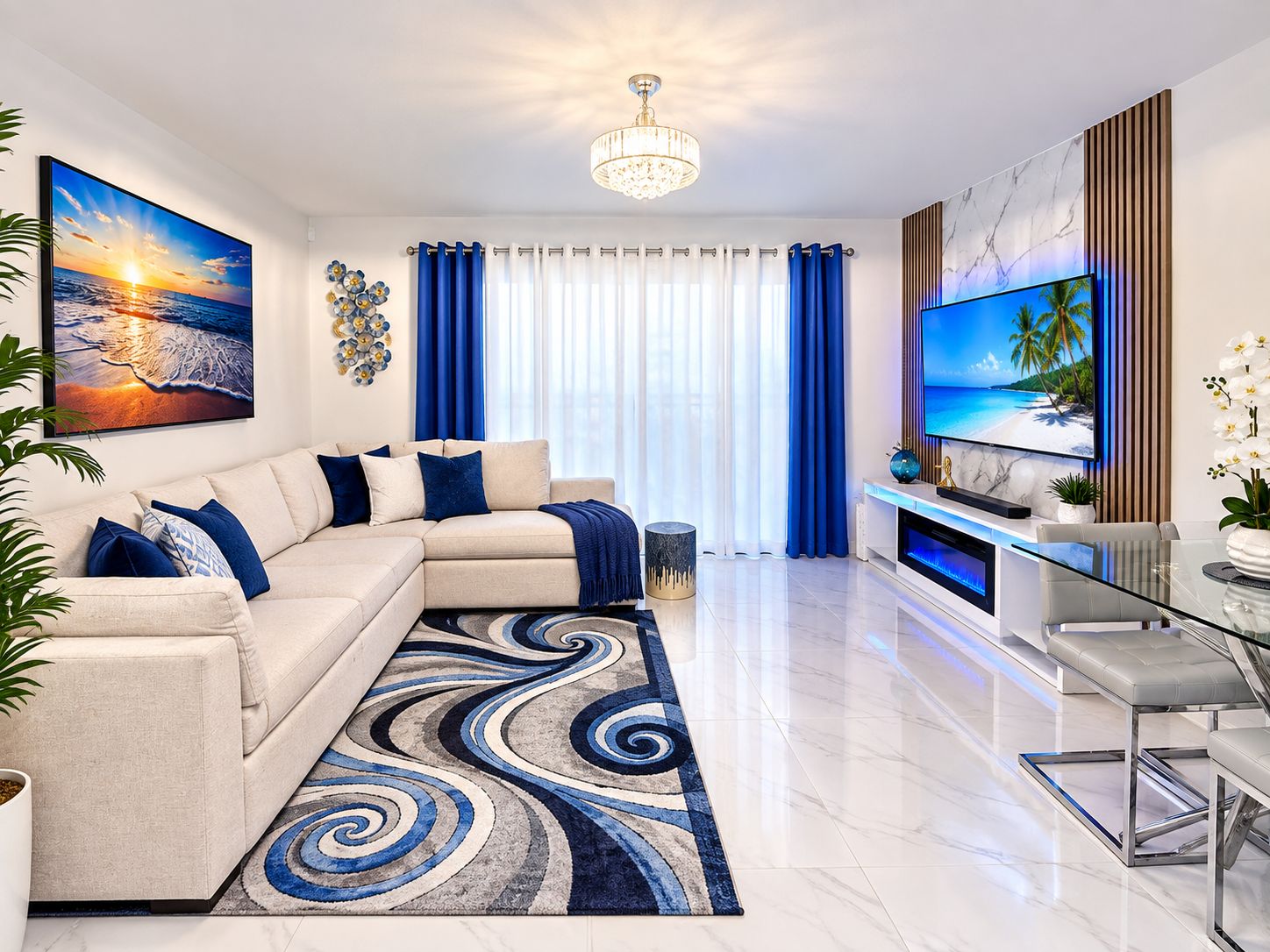 A modern living room with a sectional sofa, a flat-screen TV, and a decorative rug.