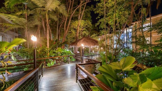 A wooden pathway leading to a thatched-roof structure surrounded by lush tropical vegetation. - [TROPICS] Ramada Resort & Spa 🏝 Free Wifi in Room (Port Douglas)