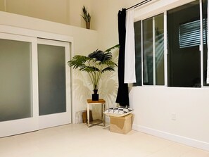 A room with a sliding door, a potted plant, a small stool, and a window with blinds.