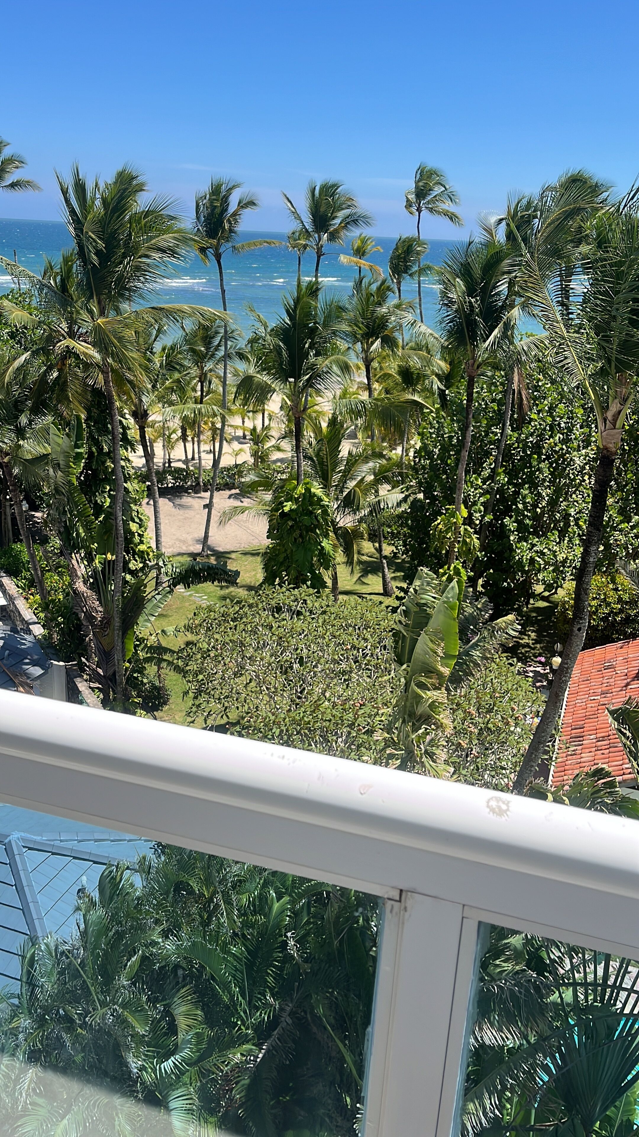 Un balcon avec vue sur une plage, des palmiers et un bâtiment avec un toit rouge.