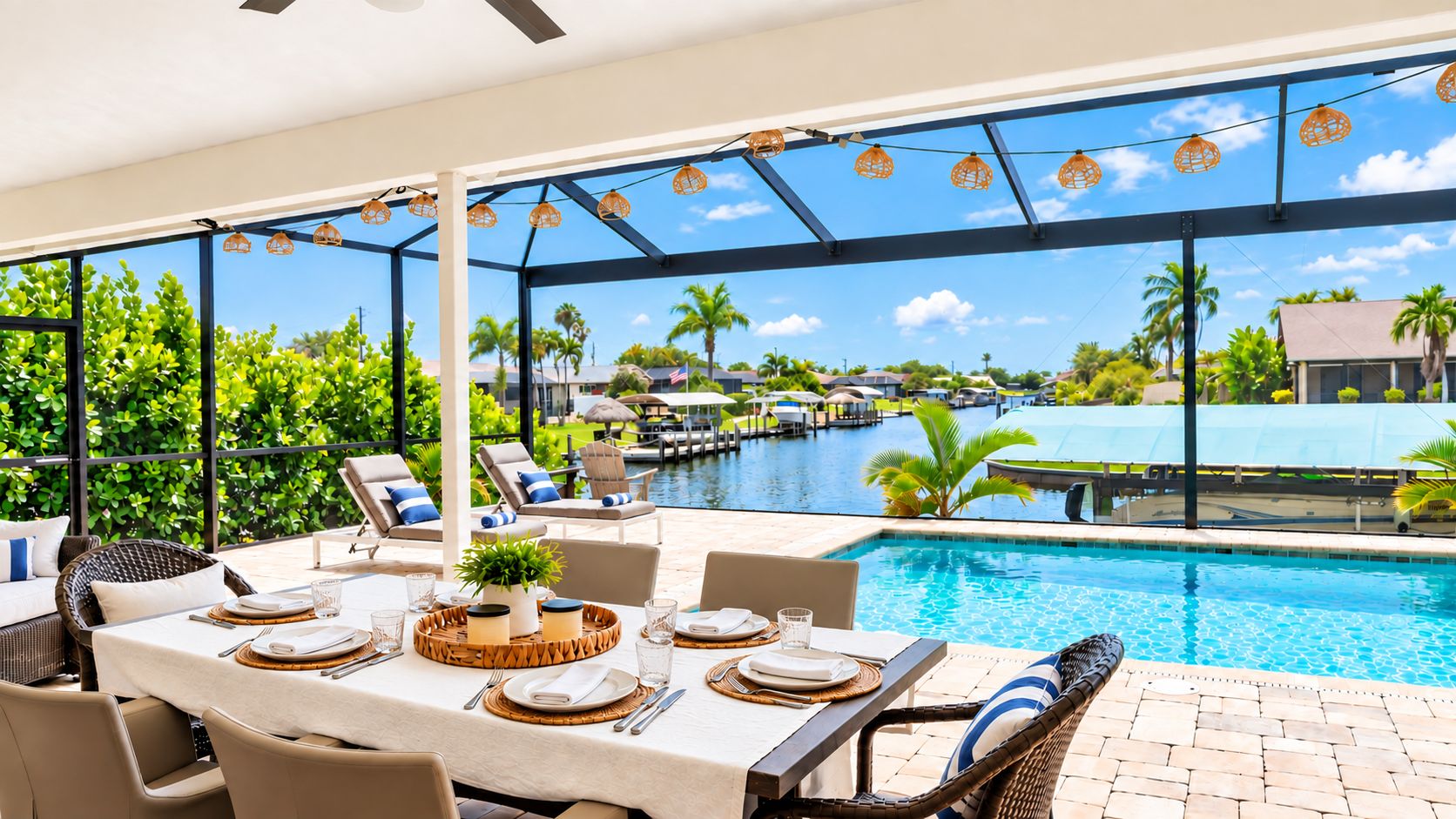 An outdoor dining area with a pool view, including tables set for dining, lounge chairs, and a pergola with string lights.