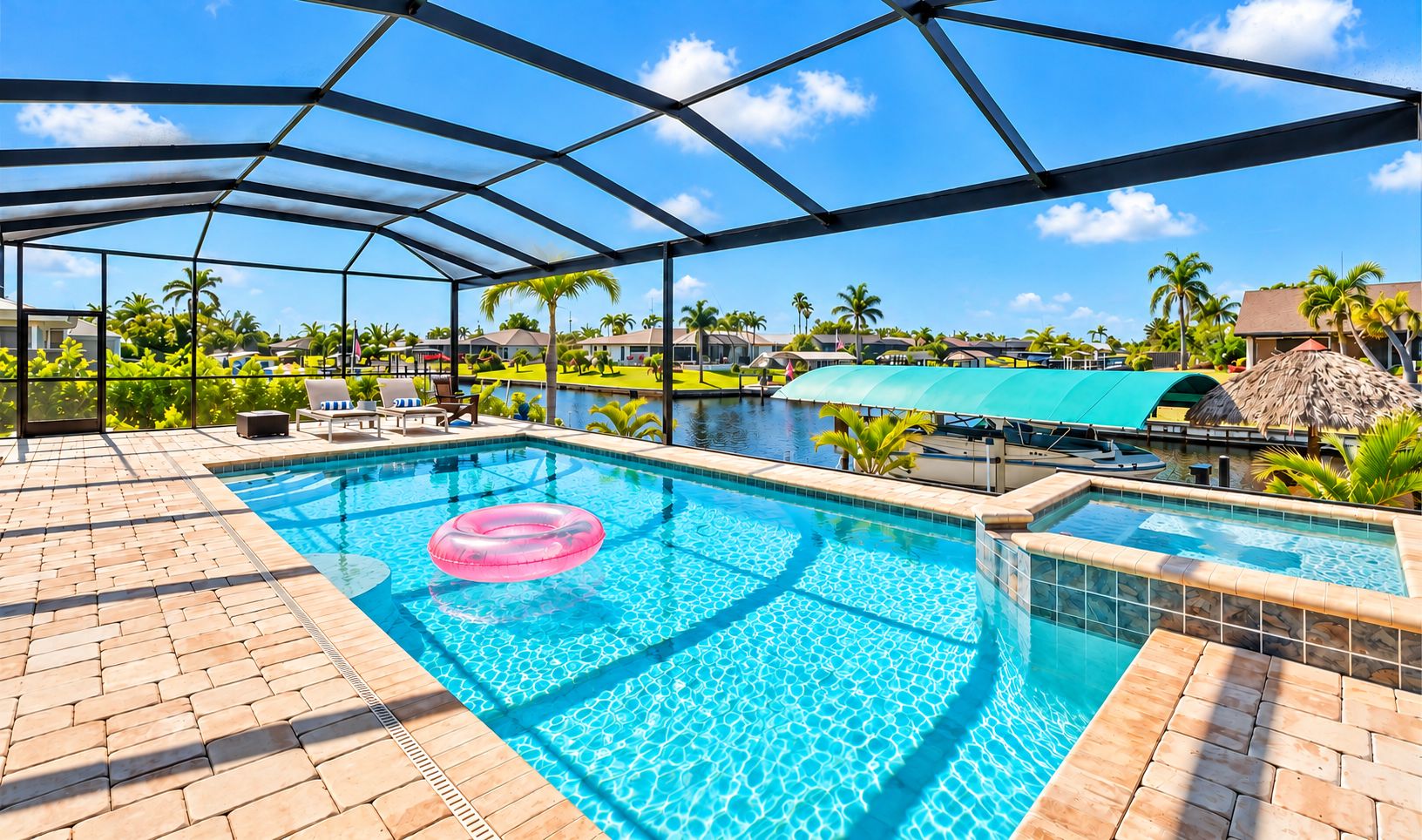 Une piscine à l’eau d’un bleu cristallin, entourée d’une zone abritée d’où l’on peut admirer des palmiers et des maisons.