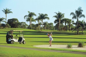 Een golfbaan met een golfer in een witte outfit en een golftrolley.