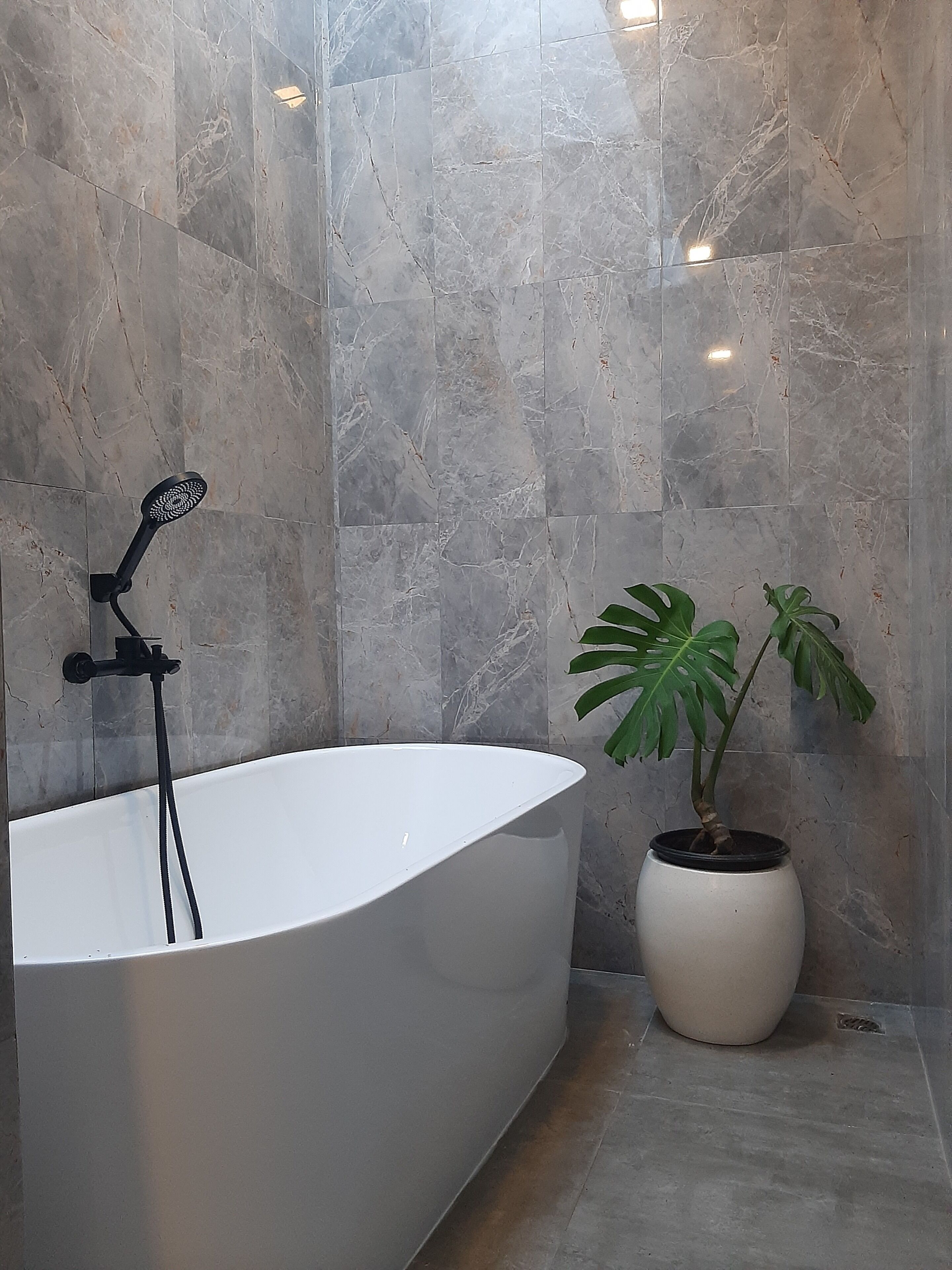 Separate bathtub and shower, free toiletries, towels, soap