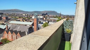 Een balkon met uitzicht op een stad, kunstgras en een gebouw met een bakstenen gevel.