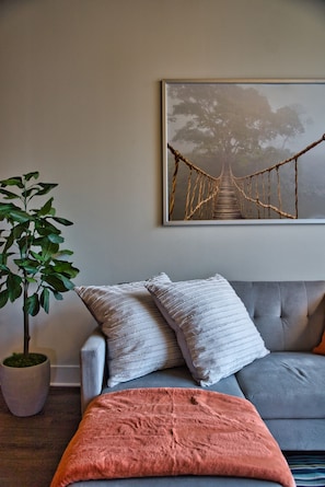 A room with a grey sofa, two pillows, a pink throw blanket, a potted plant, and a framed picture of a bridge.