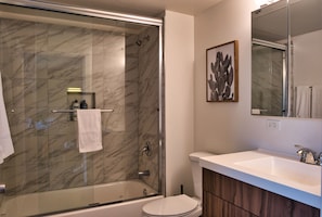 Hair dryer, towels, soap, shampoo