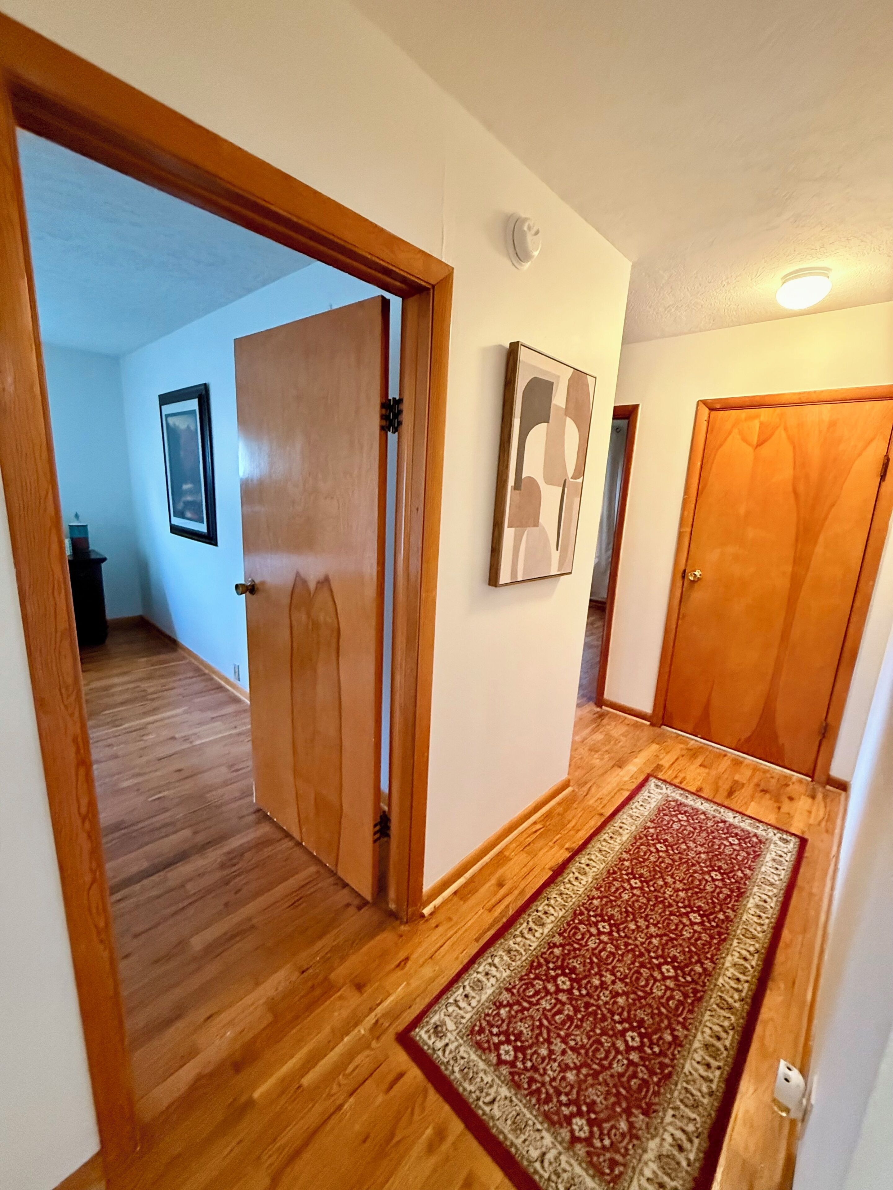 A hallway with wooden flooring, a red patterned rug, and two wooden doors.