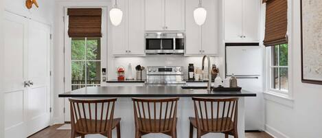Fridge, microwave, dishwasher, coffee/tea maker