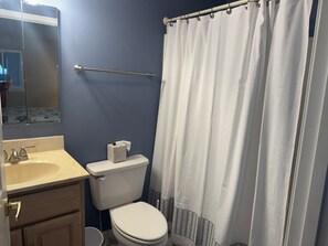 A bathroom with a toilet, sink, mirror, and a shower curtain. - Beautiful Townhouse in Lewes Parking Clean Spacious (Lewes)