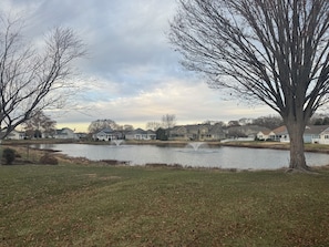 Un quartier résidentiel avec des maisons, un étang et une fontaine.