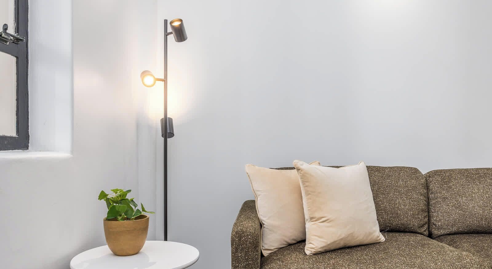 A modern living room with a sofa, two cushions, a floor lamp, and a potted plant on a small table.