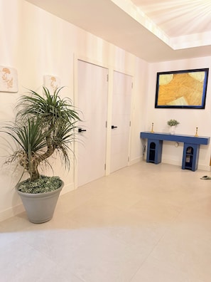A hallway with a potted plant, a door, a blue console table, and a wall-mounted TV. - Spacious 2 bedroom apartment in charming Kingston with pool. (Kingston)