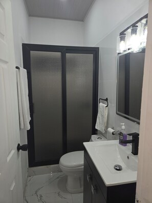 Casa de banho com sanita, lavatório, espelho e cabine de duche com porta de vidro jateado.