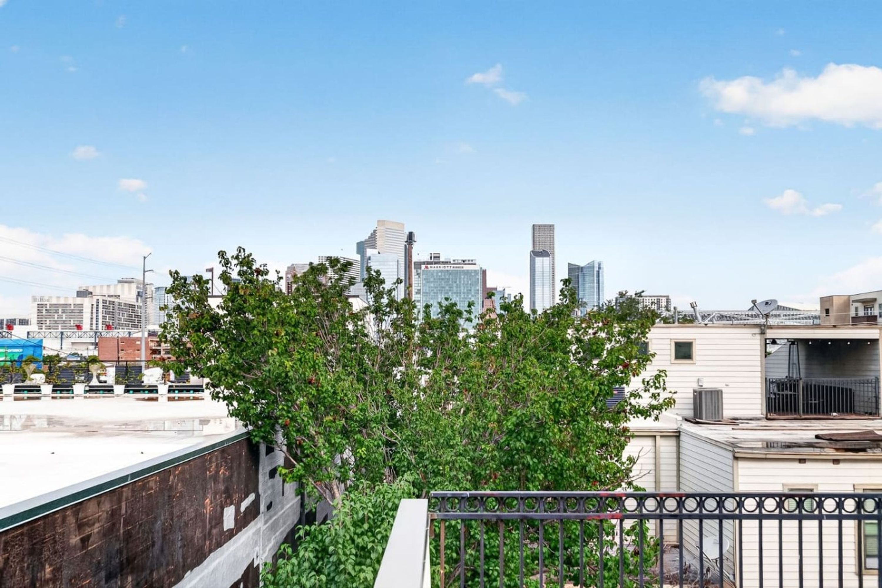 A city skyline with modern buildings, a tree, and a metal fence.