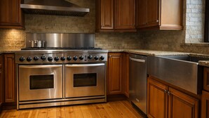 Una cocina con estufa de acero inoxidable, dos hornos, lavavajillas, armarios de madera y salpicadero de ladrillo.