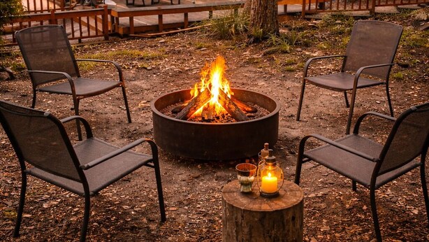 Una cabaña rústica con un hogar, asientos al aire libre y luces colgantes.