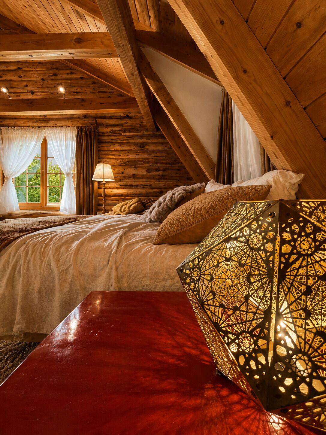 A wooden cabin bedroom with a bed, a red bench, and a decorative lamp.