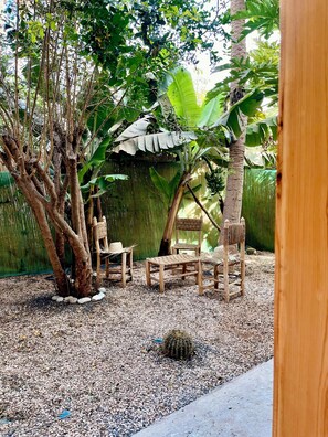 A garden with a wooden chair, a small table, and a cactus. - Garden view Double Room• 3Min walk to Banana Beach Tamraght . (Tamraght)