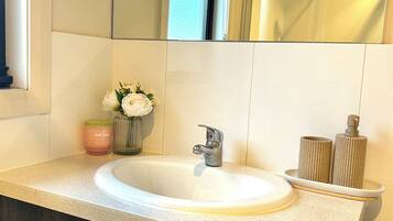 Shower, towels, soap, toilet paper