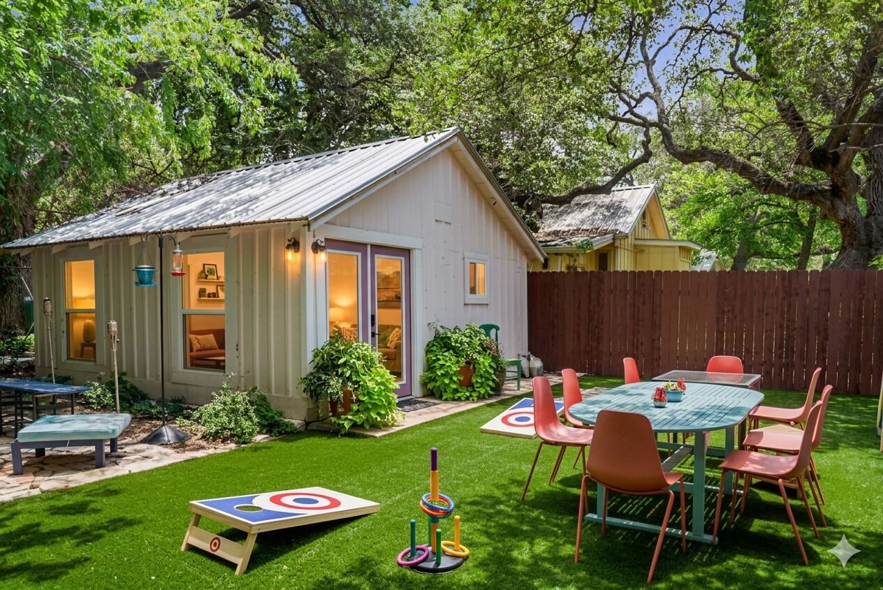 A small white shed with a door, a table with chairs, and a target game on the grass.