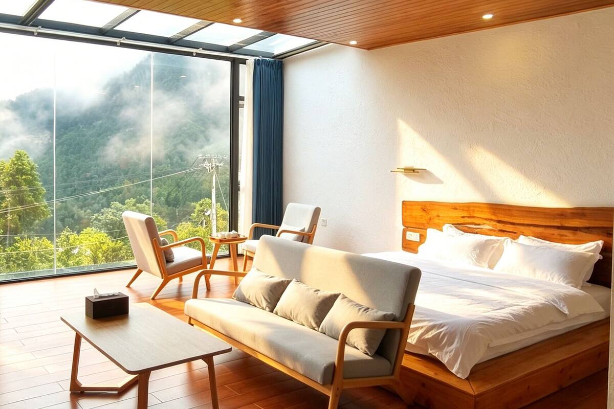 A bedroom with a wooden ceiling, a large bed, a sofa, and a table.