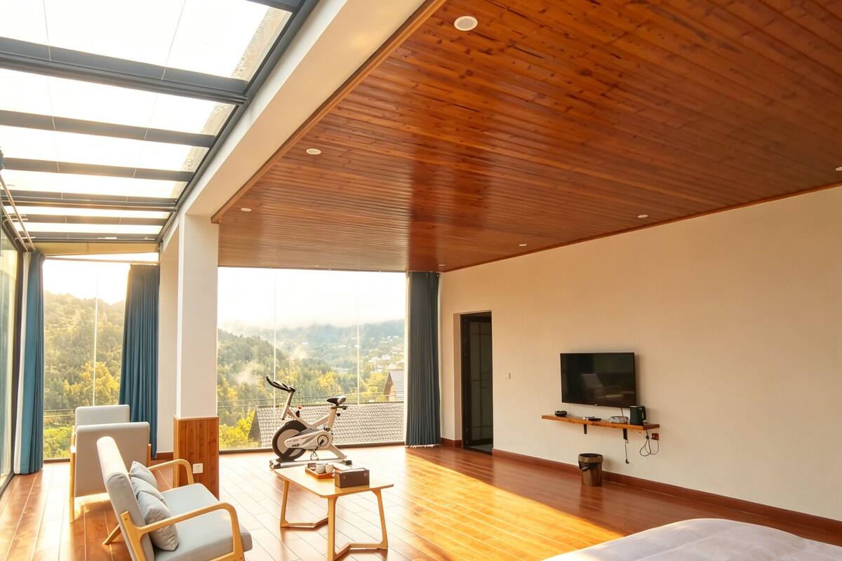 A spacious bedroom with a large bed, a TV mounted on the wall, and a view of the outdoors through a large window.