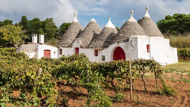 A white building with red doors and multiple conical roofs, surrounded by a vineyard. - Trulli Trullò in Locorotondo, Locorotondo, Italy (Locorotondo)