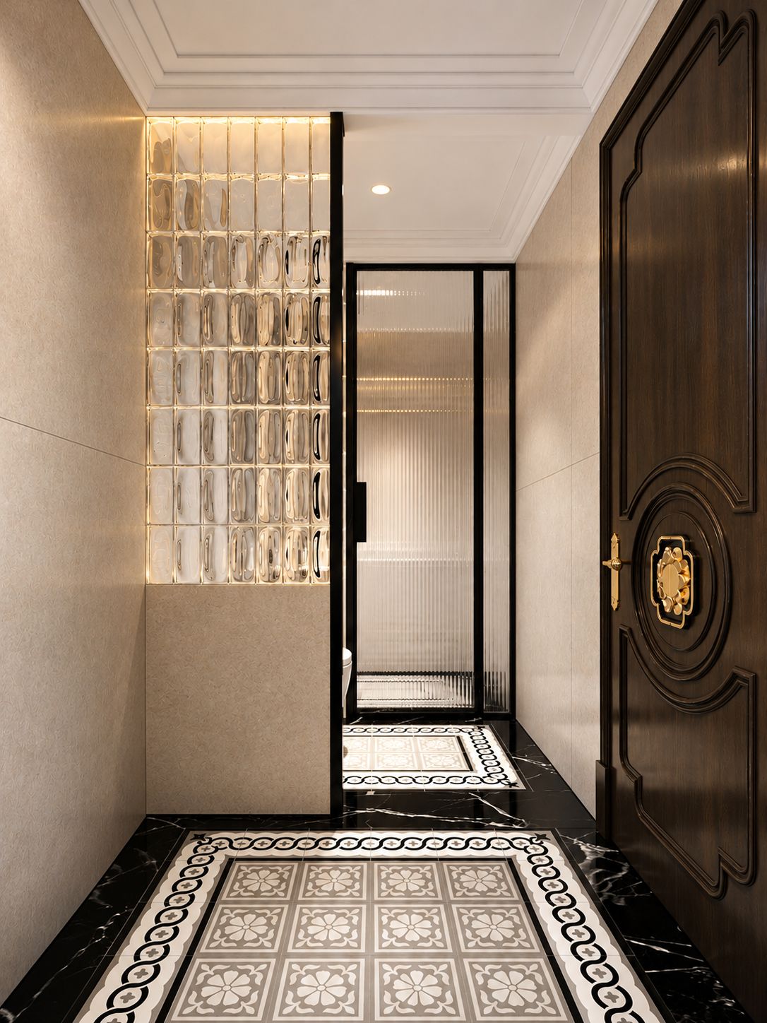 A hallway with a patterned floor, a wall with a light fixture, and a door with a decorative handle.
