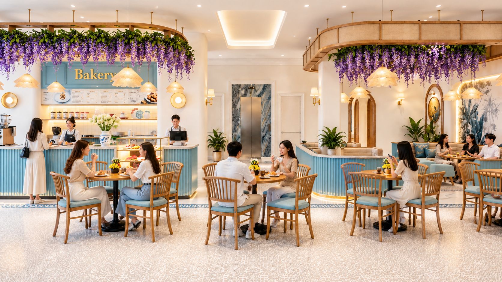 A restaurant with a blue counter, wooden chairs, and hanging purple flowers.
