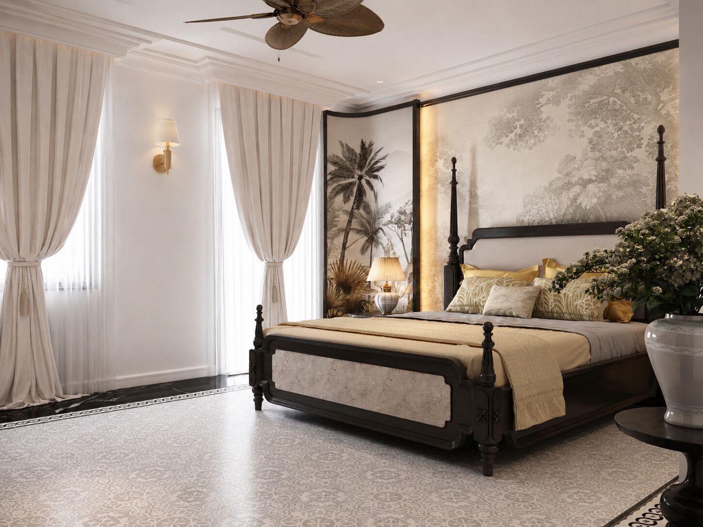 Une chambre à coucher avec un lit à baldaquin, un ventilateur de plafond, une grande fresque murale et un vase rempli de fleurs.