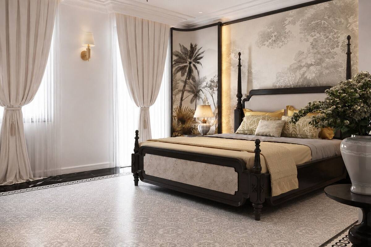 A bedroom with a four-poster bed, a ceiling fan, a large wall mural, and a vase with flowers.
