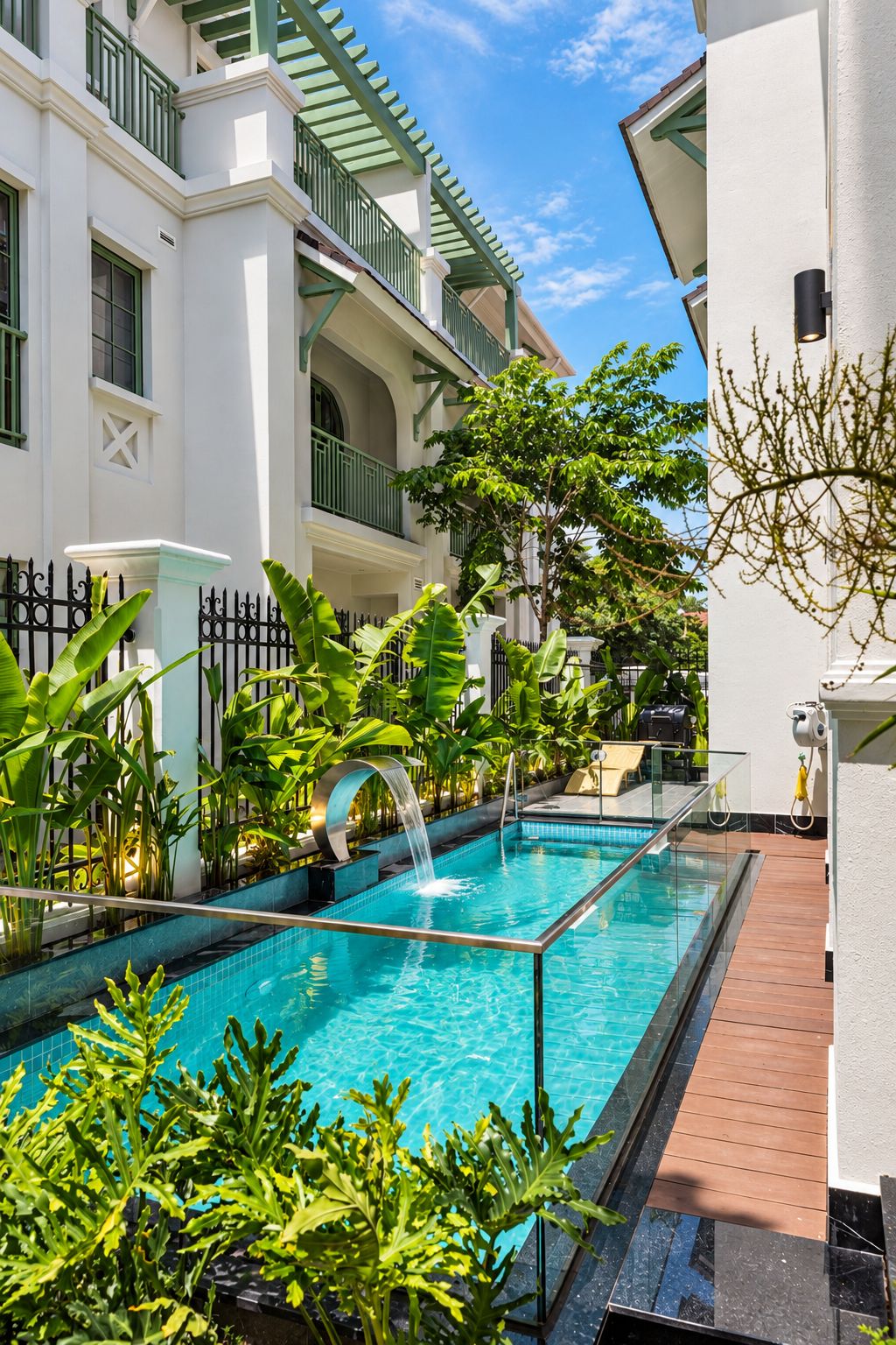 A swimming pool with a glass barrier, surrounded by lush greenery and a white building with balconies.