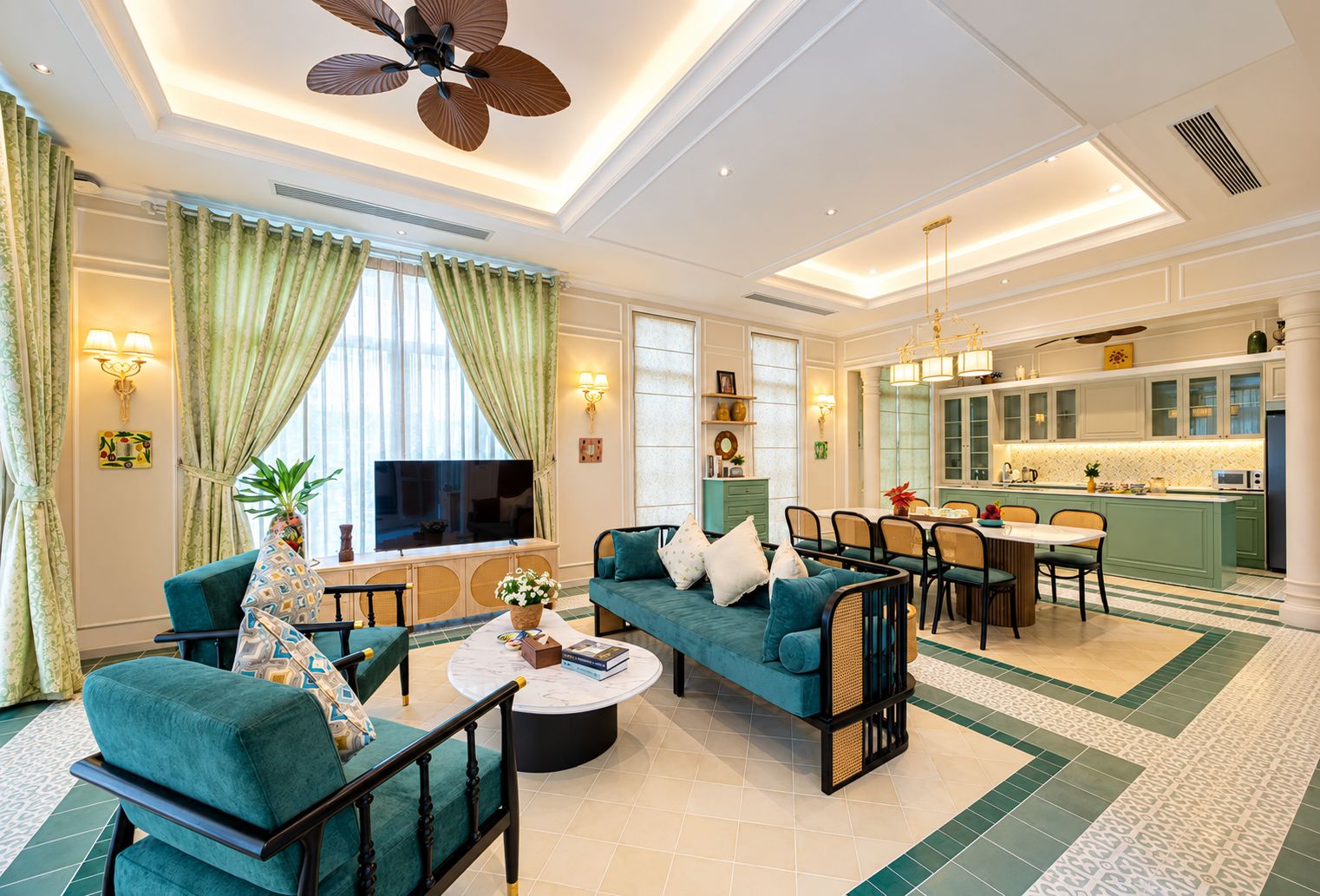 A modern living room with a sofa set, a coffee table, and a TV.