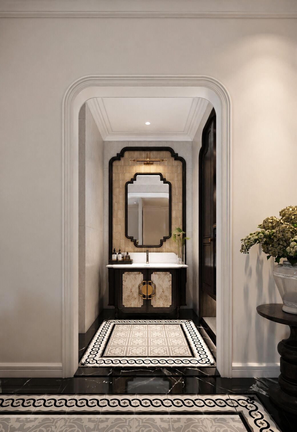 A hallway with a mirror, a sink, and a patterned floor.