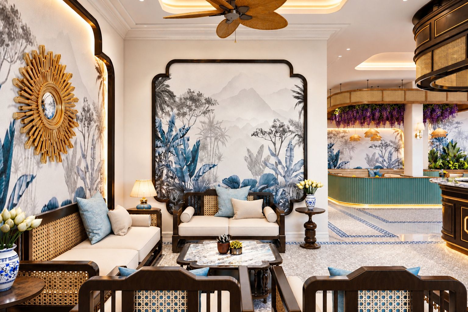 Een hotellobby met een bank, stoelen, een salontafel, een decoratieve wand met een berglandschap en een plafondventilator, plus een receptiebalie.
