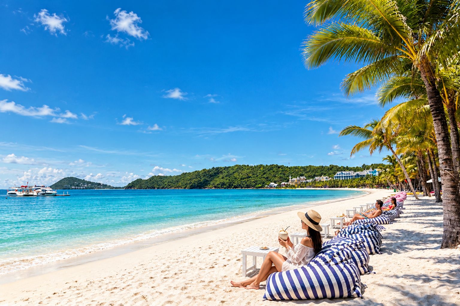 Une plage de sable blanc, avec une eau d’un bleu cristallin et des palmiers. Des chaises longues et des parasols sont disposés le long du rivage.