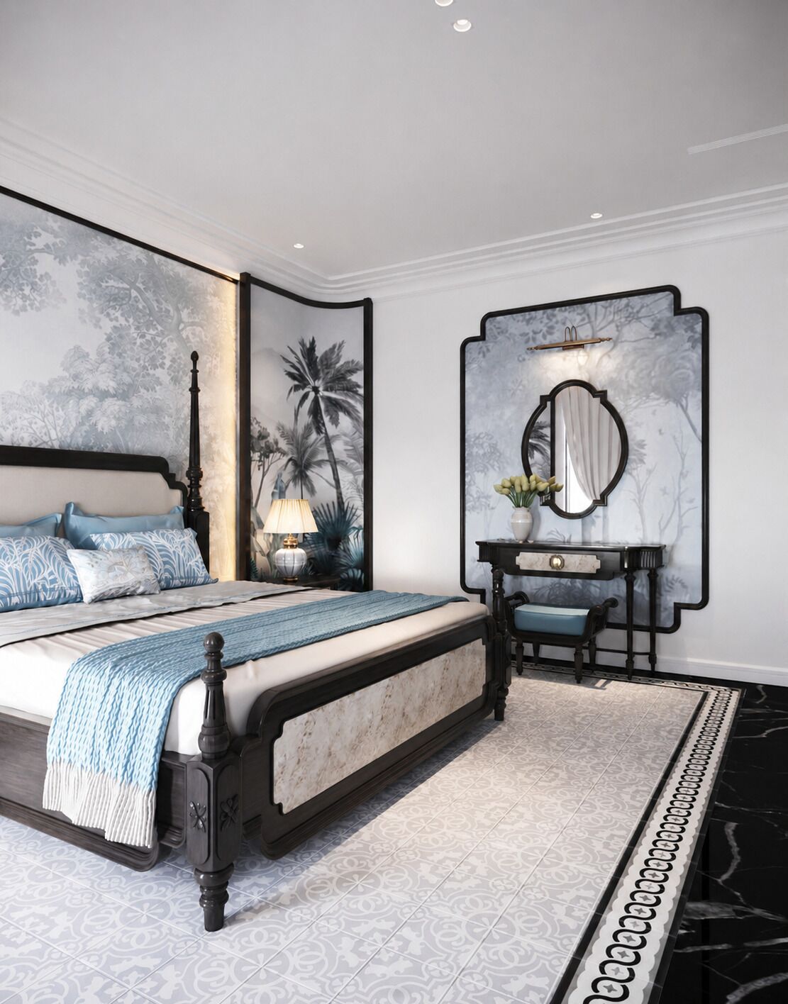 A bedroom with a bed, a nightstand, a dresser, a mirror, and a wall with a floral pattern.