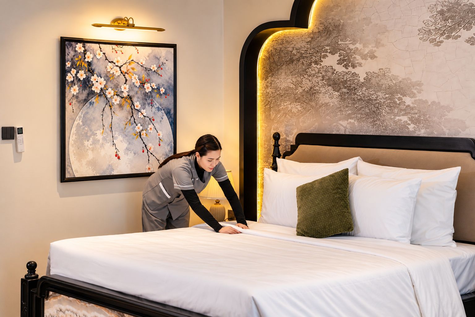 A hotel room with a neatly made bed, a painting on the wall, and a bed with a headboard.
