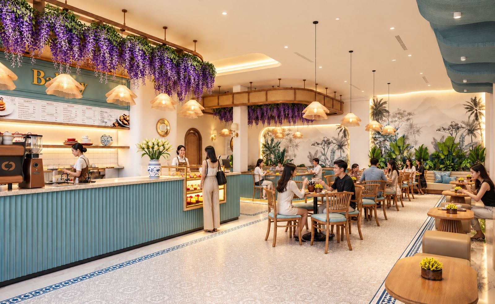 A restaurant with a counter, seating area, and a menu board.