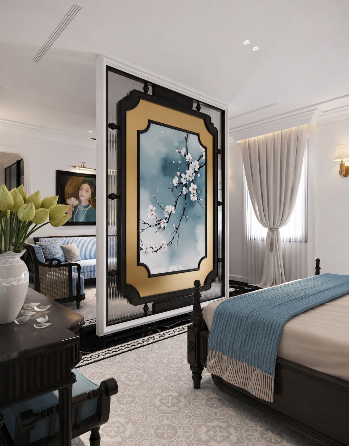 Une chambre moderne avec un grand tableau, un lit recouvert d’une couverture bleue, un bureau agrémenté d’un vase et une chaise.