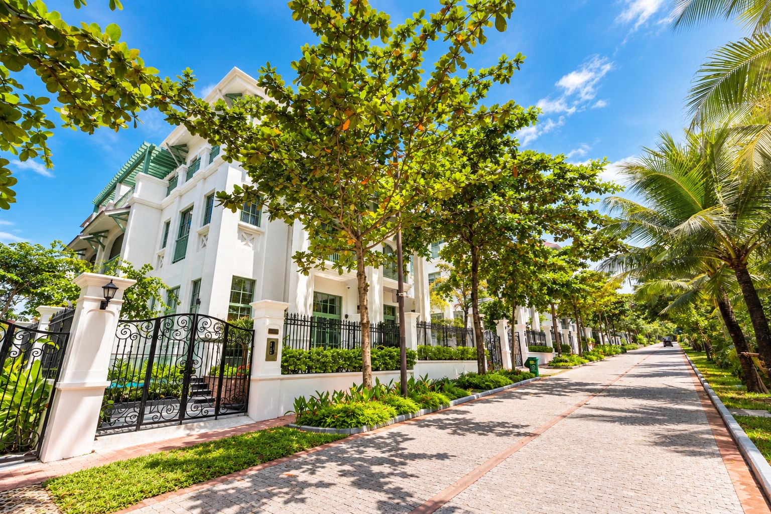 A residential street lined with white buildings, a paved walkway, and lush greenery.