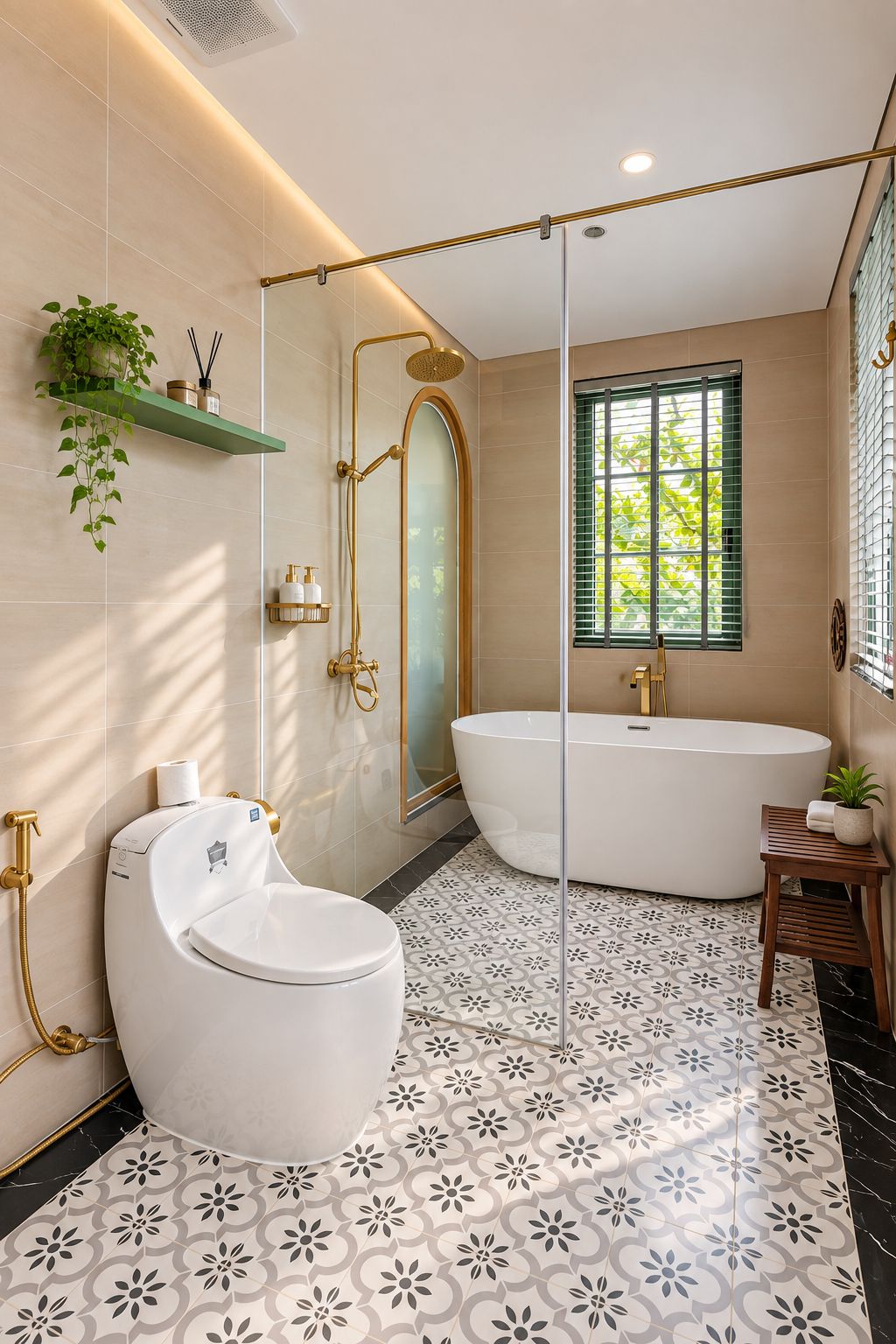 A modern bathroom with a freestanding toilet, a bathtub, and a shower enclosure.
