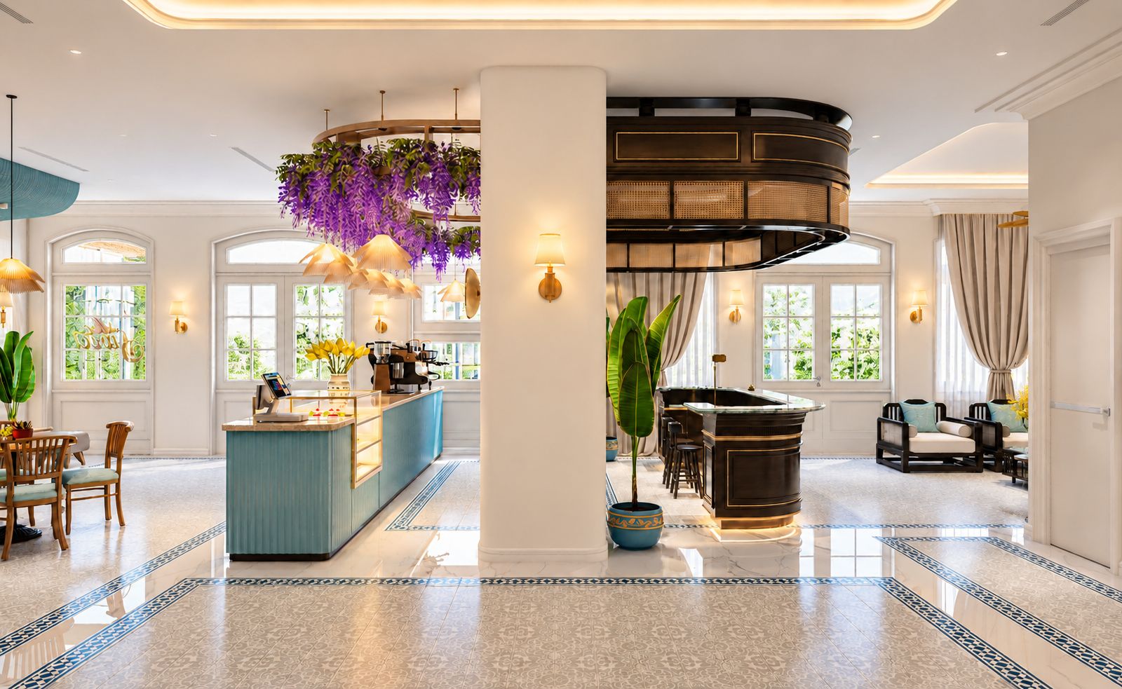 Un vestíbulo espacioso con barra central, amplias ventanas y una planta colgante decorativa.