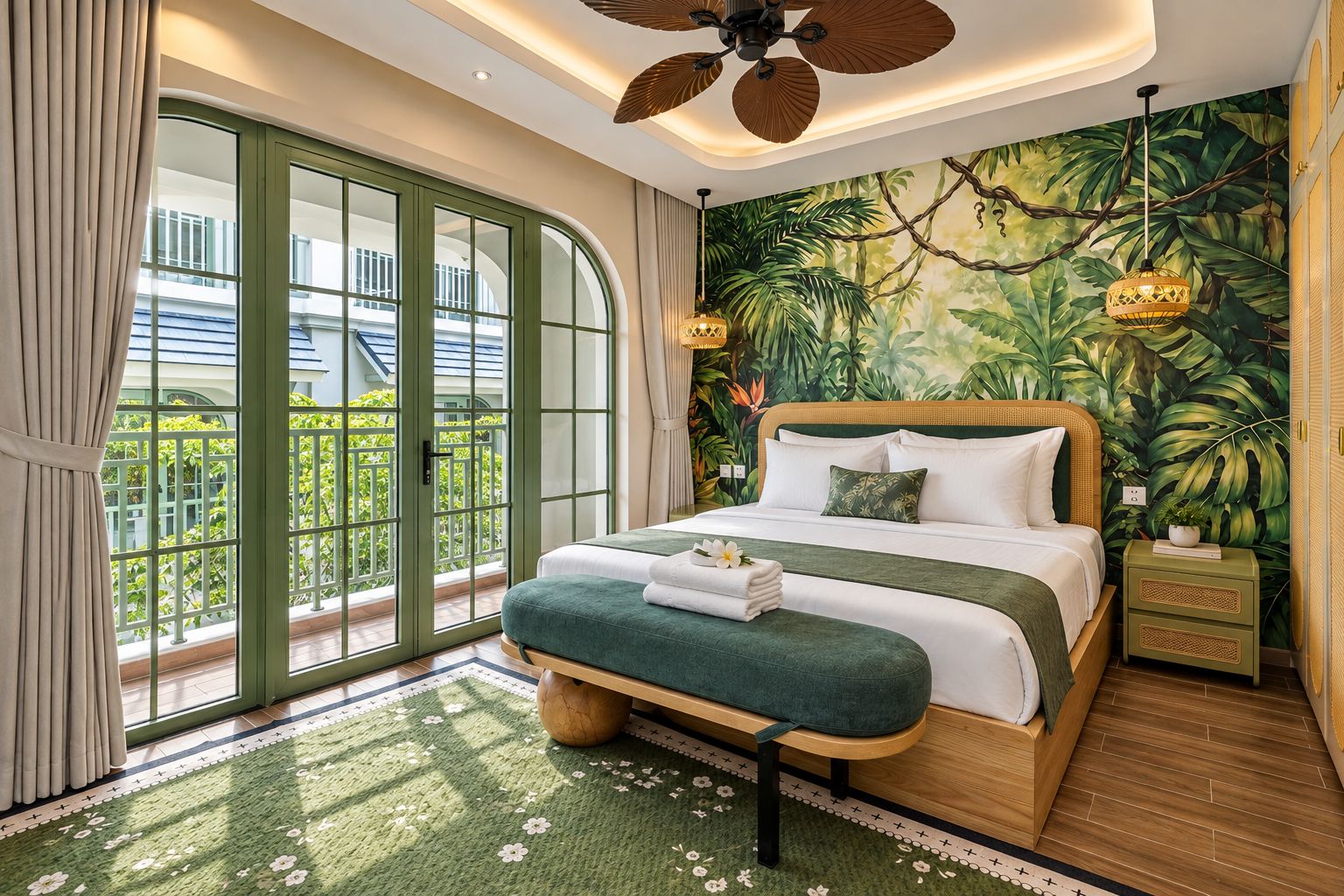 Une chambre d’hôtel dotée d’une grande porte-fenêtre coulissante donnant sur un balcon, d’un lit avec une tête de lit recouverte d’un tissu vert et d’une fresque murale aux motifs tropicaux.